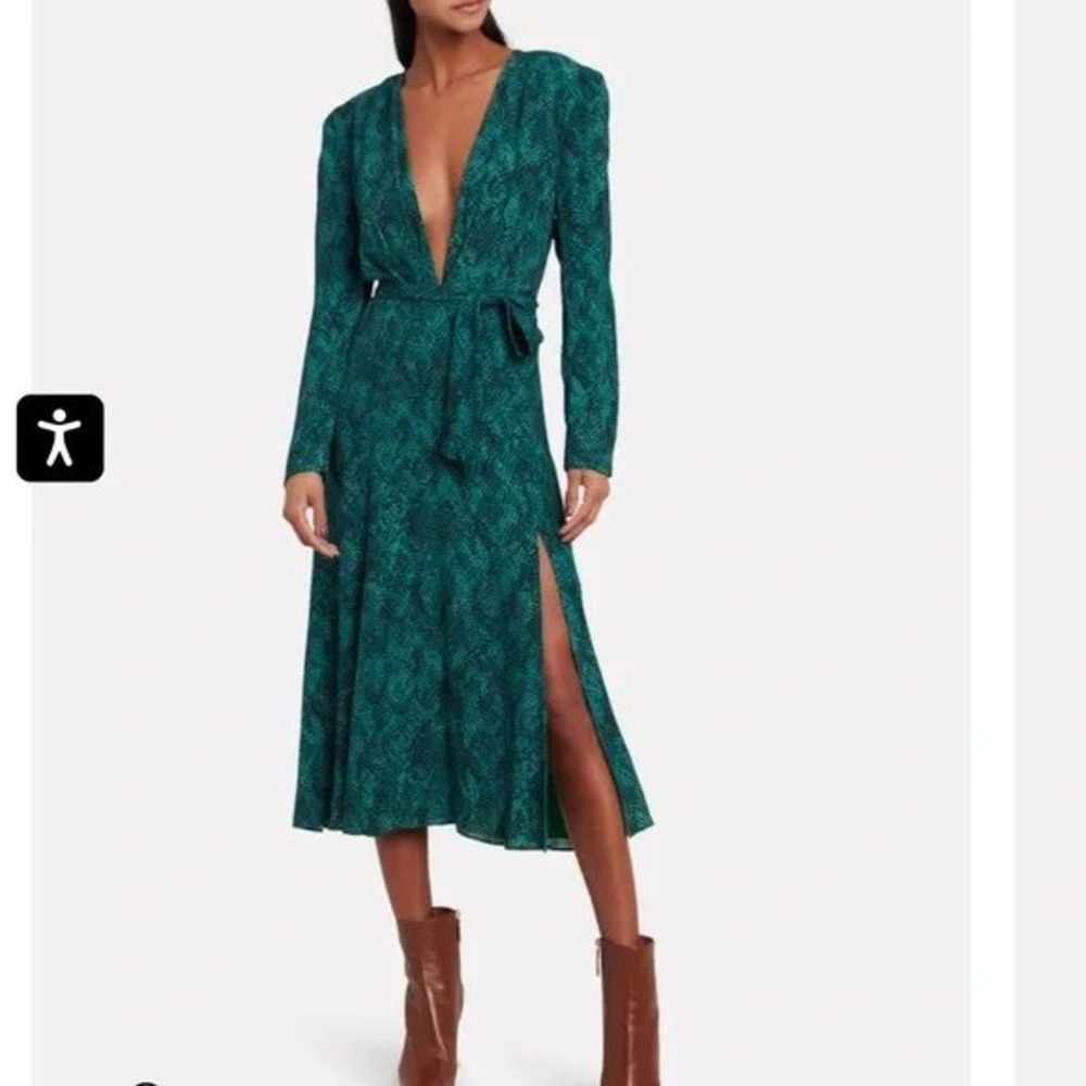 Fame and Partners Green Snakeskin Deep V-Neck Midi Dress Long Sleeve Size 10 NEW